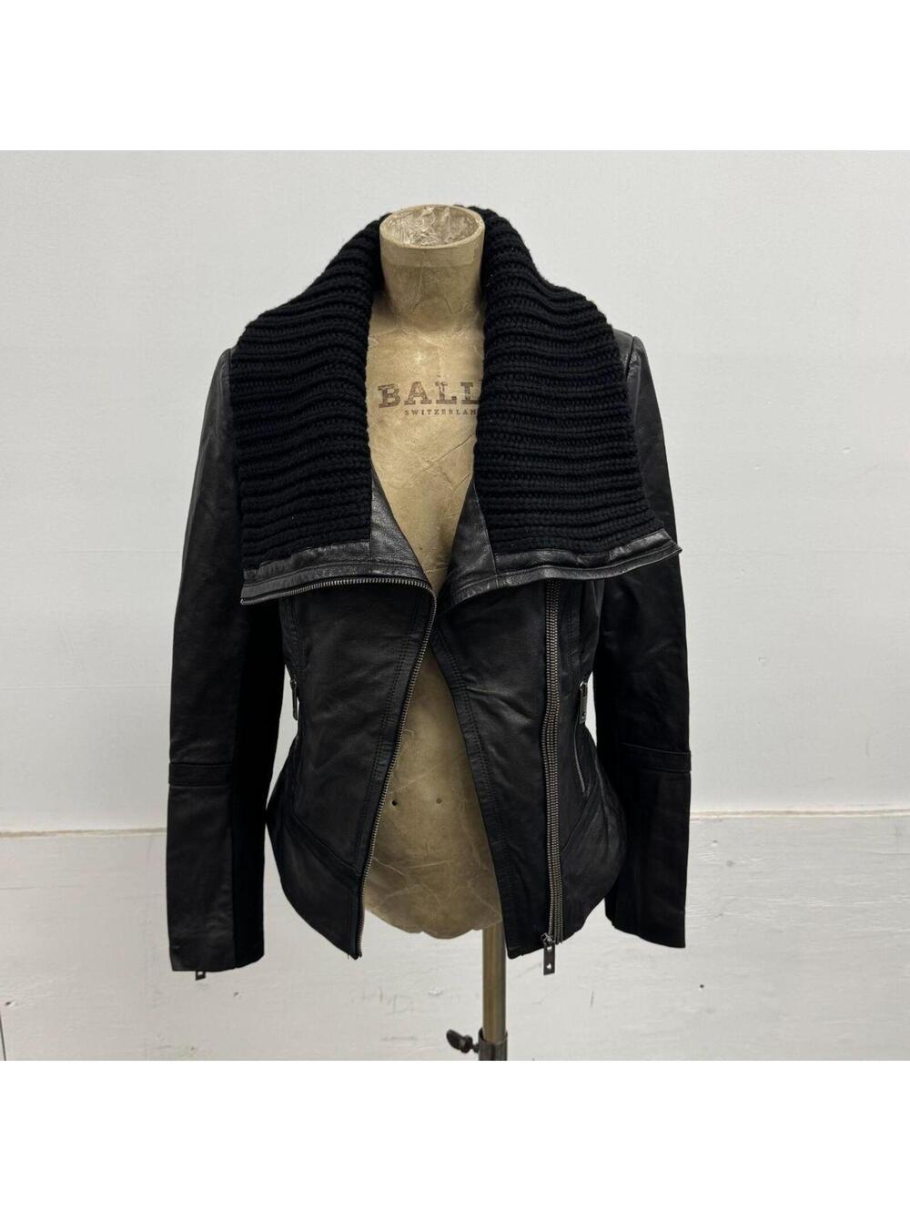 Vintage Black Funnel Neck Knit Collar Avant Garde Leather Jacket - Picture 6 of 7